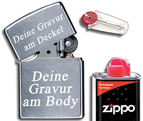 Original Feuerzeug mit Text Gravur | inkl. Geschenkset (Flints, Benzin) | Chrom gebürstet | kompatibel mit Zippo von 3Dglas