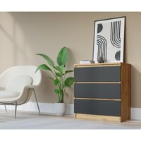 Komodenschrank mit 3 Schubladen, Farbe: wotan eiche/schwarz, a: 70 x 78 x 39 cm, Schubladenkommode, Kommode mit Schubladen, Sideboard Wohnzimmer, von 3E 3XE LIVING.COM