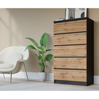 Komodenschrank mit 5 Schubladen, Farbe: schwarz/wotan eiche, a: 70 x 125 x 39 cm, Schubladenkommode, Kommode mit Schubladen, Sideboard Wohnzimmer, von 3E 3XE LIVING.COM