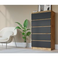 Komodenschrank mit 5 Schubladen, Farbe: wotan eiche/schwarz, a: 70 x 125 x 39 cm, Schubladenkommode, Kommode mit Schubladen, Sideboard Wohnzimmer, von 3E 3XE LIVING.COM