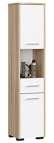 3E 3xE living.com Freistehender Badezimmerschrank: eine Schublade, Zwei Türen, fünf Einlegeböden, Farbe: Sonoma-Eiche | weiß, A: B: 30 cm, H: 140 cm, T: 30 cm. 3E 3xE living.com Freistehender Badezimmerschrank: eine Schublade, Zwei Türen, fünf Einlegeböden, Farbe: Sonoma-Eiche | weiß, A: B: 30 cm, H: 140 cm, T: 30 cm. von 3E 3xE living.com