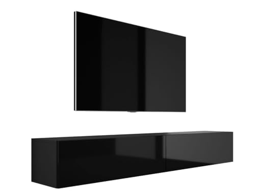 3E 3xE living.com Hängendes TV-Schrank - Modernes Design A: B: 2 x 100 cm, H: 34 cm, T: 32 cm. TV Lowboard, TV Board, TV Sideboard Hängend, SCHWARZ MATT/SCHWARZ Glanz von 3E 3xE living.com