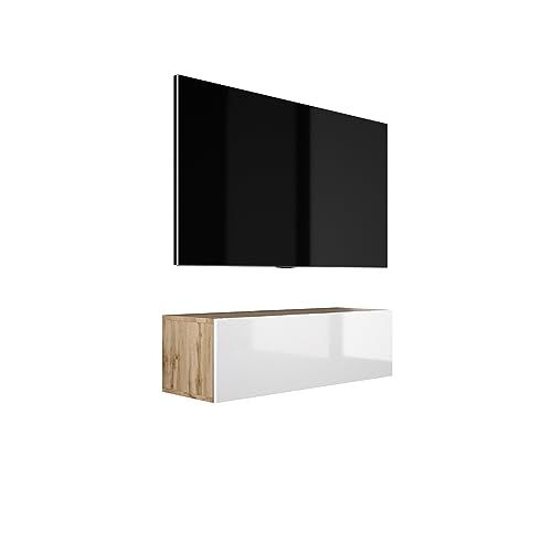 3E 3xE living.com Hängendes TV-Schrank (B: 100 cm, H: 34 cm, T: 32 cm) Lowboard, TV Board, Fernsehschrank in WOTAN Eiche & Weiß Hochglanz von 3E 3xE living.com