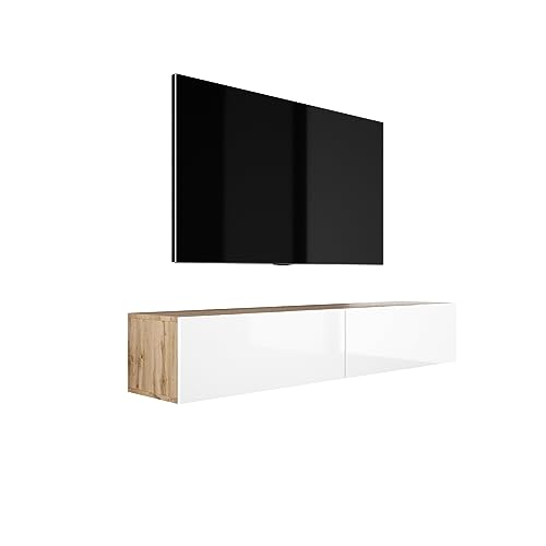 3E 3xE living.com Hängendes TV-Schrank (B: 170 cm, H: 34 cm, T: 32 cm) Lowboard, TV Board, Fernsehschrank in WOTAN Eiche & Weiß Hochglanz von 3E 3xE living.com