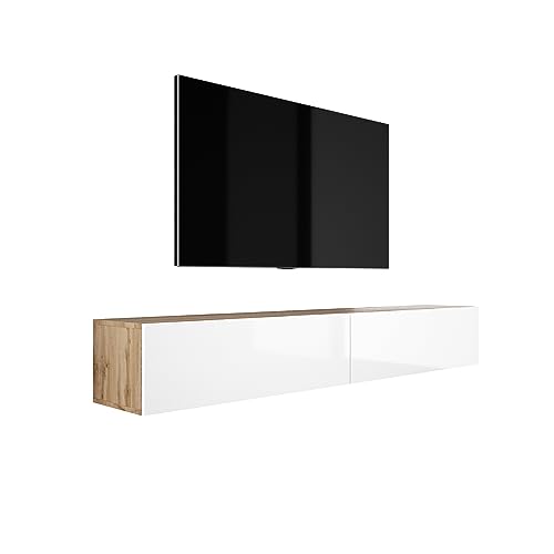 3E 3xE living.com Hängendes TV-Schrank (B: 2 X 100 cm, H: 34 cm, T: 32 cm) Lowboard, TV Board, Fernsehschrank in WOTAN Eiche & Weiß Hochglanz von 3E 3xE living.com