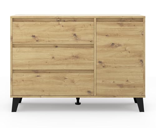 3E 3xE living.com Kommode, Sideboard mit 1 Tur und 3 Schubladen in Artisan Eiche (B: 110cm x H: 78,5cm x T: 39cm) von 3E 3xE living.com