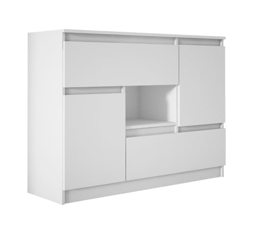 3E 3xE living.com Kommode mit 2 Schubladen und 2 Türen, L: 120 cm, H: 85 cm, T: 30 cm, Aufbewahrungsmöbel, Schrank für Erwachsene, Sideboard, Wohnzimmer, Kommode, Schlafzimmer, Aufbewahrung (weiß) von 3E 3xE living.com