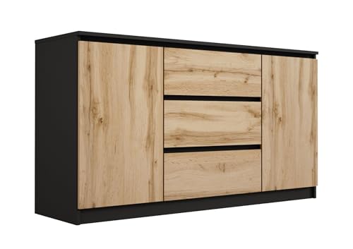 3E 3xE living.com Kommode mit 3 Schubladen und Zwei Türen, Farbe: SCHWARZ/WOTAN Eiche, A: 140 x 79 x 39 cm, Sideboard Wohnzimmer von 3E 3xE living.com