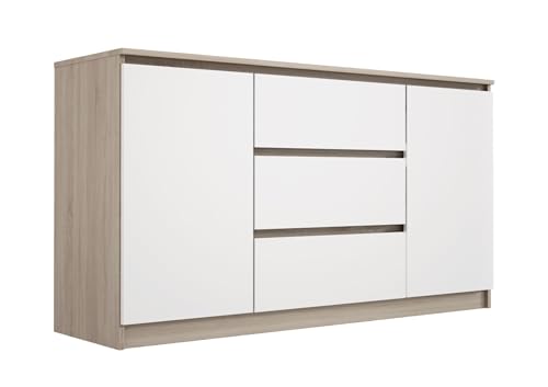 3E 3xE living.com Kommode mit 3 Schubladen und Zwei Türen, Farbe: Sonoma Eiche/Weiss, A: 140 x 79 x 39 cm, Sideboard Wohnzimmer von 3E 3xE living.com