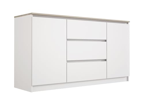 3E 3xE living.com Kommode mit 3 Schubladen und Zwei Türen, Farbe: Weiss/Eiche TOP, A: 140 x 79 x 39 cm, Sideboard Wohnzimmer von 3E 3xE living.com