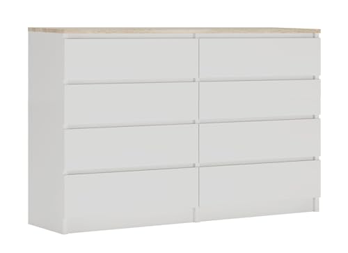 3E 3xE living.com Kommode mit 8 Schubladen, Farbe: Weiss/Eiche TOP, A: 140 x 101 x 39 cm, Sideboard Wohnzimmer von 3E 3xE living.com