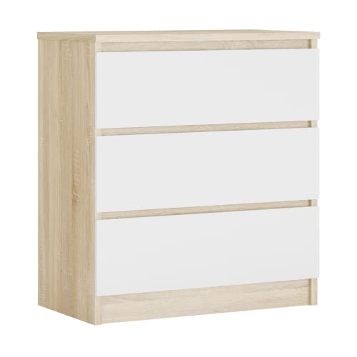 3E 3xE living.com Komodenschrank mit 3 Schubladen, Farbe: Sonoma Eiche/Weiss, A: 70 x 78 x 39 cm, Schubladenkommode, Kommode mit Schubladen, Sideboard Wohnzimmer, Schlafzimmer Kommode von 3E 3xE living.com