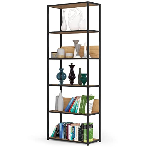 3E 3xE living.com Modernes Metall-Loftregal - Vielseitige Aufbewahrungslösung mit 6 Regalen, 70 cm, Farbe: Schwarz/Craft Eiche. Bücherregal Schwarz Regal Industrial, Regal Metall von 3E 3xE living.com