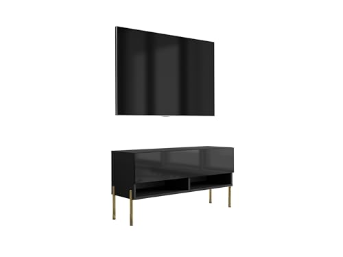 3E 3xE living.com TV-Lowboard 100 cm Mattschwarz/Hochglanzschwarz, gerade goldene Beine, 100 × 32 × 52 cm von 3E 3xE living.com