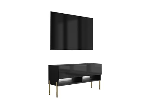 3E 3xE living.com TV-Lowboard 100 cm Mattschwarz/Hochglanzschwarz, gerade goldene Beine, weiße LED, 100 × 32 × 52 cm von 3E 3xE living.com