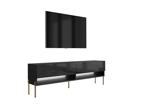 3E 3xE living.com TV-Lowboard 170 cm Mattschwarz/Hochglanzschwarz, gerade goldene Beine, weiße LED, 170 × 32 × 52 cm von 3E 3xE living.com