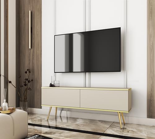 3E 3xE living.com TV-Schrank in Beige mit schwarzen Beinen, D: L: 135 cm, H: 30 cm, T: 32 cm. Wohnzimmermöbel, TV-Ständer, TV-Tisch von 3E 3xE living.com