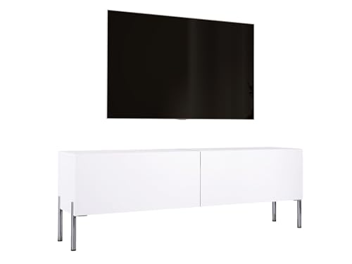 3E 3xE living.com TV-Schrank in Weiß matt mit Beinen in Chrom, A: B: 140 cm, H: 52 cm, T: 32 cm. TV-Möbel, TV-Tisch, TV-Bank von 3E 3xE living.com