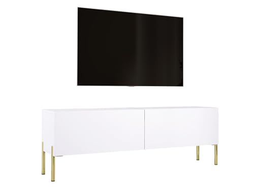 3E 3xE living.com TV-Schrank in Weiß matt mit Beinen in Gold, A: B: 140 cm, H: 52 cm, T: 32 cm. TV-Möbel, TV-Tisch, TV-Bank von 3E 3xE living.com