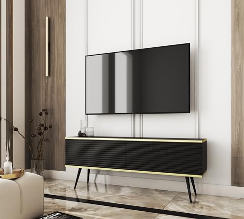 3E 3xE living.com TV-Schrank mit Lamellen in schwarzer Farbe mit goldenen Beinen, D: L: 135 cm, H: cm, T: 32 cm. Wohnzimmermöbel, TV-Ständer, TV-Tisch von 3E 3xE living.com