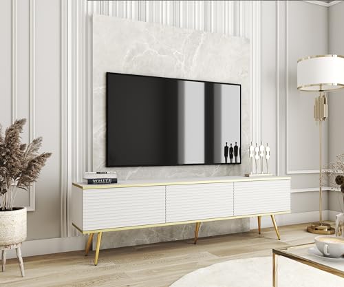 3E 3xE living.com TV-Schrank mit Lamellen in weißer Farbe mit schwarzen Beinen, D: L: 175 cm, H: cm, T: 32 cm. Wohnzimmermöbel, TV-Ständer, TV-Tisch von 3E 3xE living.com