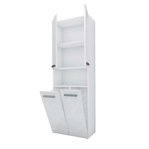 3xEliving Badezimmerschrank Bagnoli - Standschrank mit fünf Einlegeböden und Zwei Wäschekörben, Badezimmersäule, Ablage, Weiß matt/Weiß Hochglanz, T: 30 cm, H: 174 cm, B: 60 cm von 3E 3xE living.com