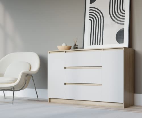 3xEliving Demi 2D3S Kommode 120cm in Sonoma Eiche & weiß - Modernes Sideboard mit viel Stauraum für Ihren Wohnbereich - 120 x 78 x 39cm (B/H/T) von 3E 3xE living.com