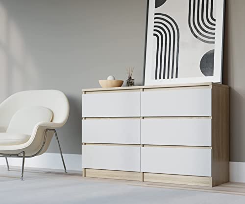 3xEliving Demi Sideboard Kommode 6 120cm - mit 6 Schubladen Größen (Sonoma & Weiß), Schrank für Wohnzimmer, Büro, Schlafzimmer, Komodenschrank weiß Schlafzimmer von 3E 3xE living.com