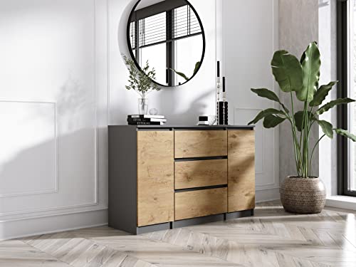 3xEliving Kommode Demi, Sideboard mit 2 Tür, 3 Schubladen Anthrazit & Lancelot Eiche,B: 120cm H:79cm T:39cm Verschiedene Großen, Schrank für Wohnzimmer, Schlafzimmer, Flur, Büro von 3E 3xE living.com