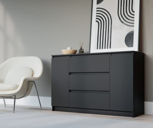 3E 3xE living.com Kommode 140 cm mit 2 Türen und 3 Schubladen in Schwarz - 140 x 78 x 39 cm (B/H/T) von 3E 3xE living.com