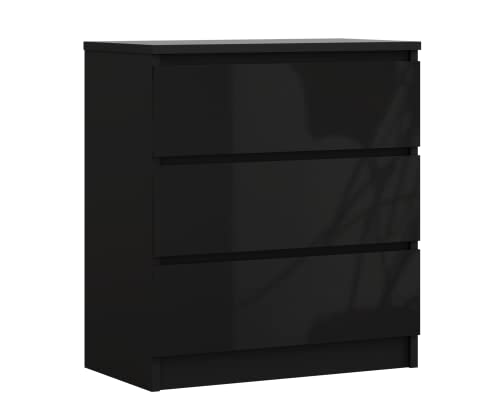 3E 3xE living.com Kommode mit 3 Schubladen, Farbe: Schwarz Matt/Schwarz Glanz, H: 79 cm, B: 70 cm, T: 39 cm. Schrank für Wohnzimmer, Büro, Schlafzimmer von 3E 3xE living.com