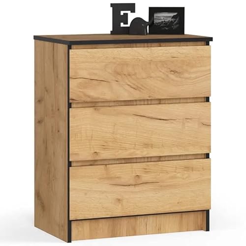 Kommode mit 3 Schubladen 60 cm, Farbe: Craft Eiche, H: 77 cm, B: 60 cm, T: 40 cm. Schubladenkommode, Kommodenschrank mit Schubladen, Sideboard Wohnzimmer, Schlafzimmer Kommode, Kommode Schwarz, von 3E 3xE living.com