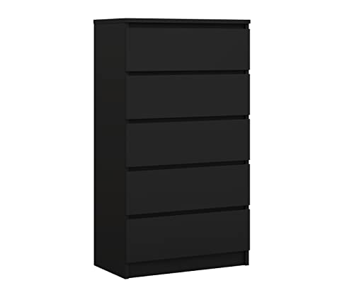 3E 3xE living.com Kommode mit 5 Schubladen, Farbe: Schwarz Matt, H: 124 cm, B: 70 cm, T: 39 cm. Schrank für Wohnzimmer, Büro, Schlafzimmer von 3E 3xE living.com