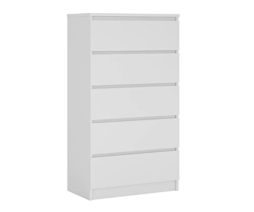 3E 3xE living.com Kommode mit 5 Schubladen, Farbe: Weiss Matt, H: 124 cm, B: 70 cm, T: 39 cm. Schrank für Wohnzimmer, Büro, Schlafzimmer, Komodenschrank weiß Schlafzimmer von 3E 3xE living.com