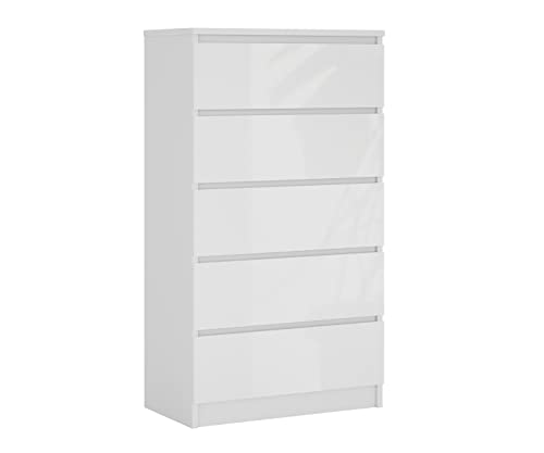 3E 3xE living.com Kommode mit 5 Schubladen, Farbe: Weiss Matt/Weiss Glanz, H: 124 cm, B: 70 cm, T: 39 cm. Schrank für Wohnzimmer, Büro, Schlafzimmer, Komodenschrank weiß Schlafzimmer von 3E 3xE living.com