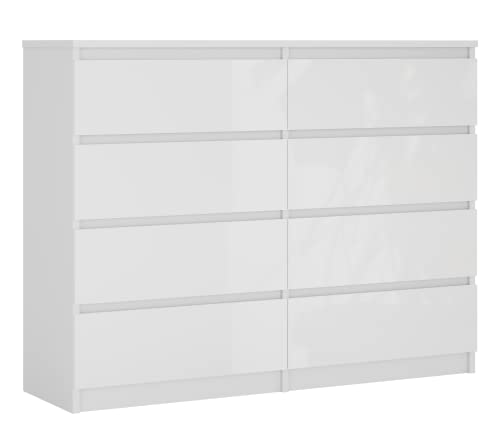 3E 3xE living.com Kommode mit 8 Schubladen 120 cm, Farbe: Weiss Matt/Weiss Glanz, H: 102 cm, B: 120 cm, T: 39 cm. Schrank für Wohnzimmer, Büro, Schlafzimmer, Komodenschrank weiß Schlafzimmer von 3E 3xE living.com