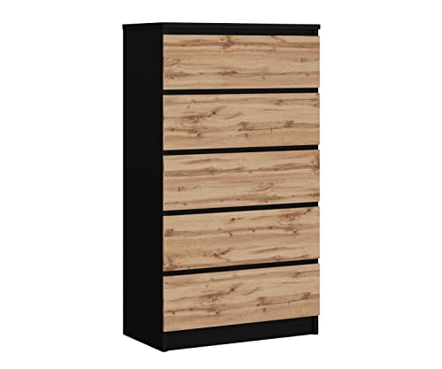 Komodenschrank mit 5 Schubladen, Farbe: SCHWARZ/WOTAN EICHE, A: 70 x 125 x 39 cm , Schubladenkommode, Kommode mit Schubladen, Sideboard Wohnzimmer, Schlafzimmer Kommode, Kommode Schwarz, Kommode Flur von 3E 3xE living.com