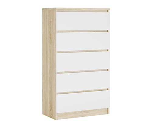 Komodenschrank mit 5 Schubladen, Farbe: SONOMA EICHE/WEISS, A: 70 x 125 x 39 cm , Schubladenkommode, Kommode mit Schubladen, Sideboard Wohnzimmer, Schlafzimmer Kommode, Kommode Schwarz, Kommode Flur von 3E 3xE living.com