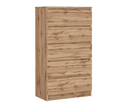 Komodenschrank mit 5 Schubladen, Farbe: WOTAN OAK, A: 70 x 125 x 39 cm , Schubladenkommode, Kommode mit Schubladen, Sideboard Wohnzimmer, Schlafzimmer Kommode, Kommode Schwarz, Kommode Flur, Highboard von 3E 3xE living.com