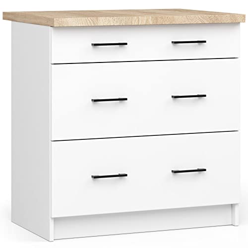 3E 3xE living.com Küchenmöbel EDERSEN, Unterschrank mit 3 Schubladen mit Küchenarbeitsplatte in weiß & Sonoma (B:80cm H:85cm T:46cm) mehr Teile zum Auswahl von 3E 3xE living.com