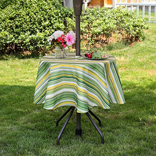 3E Home Tischdecke, rund, für den Außenbereich, spritzwassergeschützt, mit Loch für Sonnenschirm und Reißverschluss, 152 cm, Gelb und Grün von 3E Home
