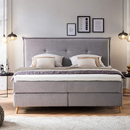 Möbelfreude Doluna Aurel Boxspringbett 200x220 cm Hellgrau H2 | 7-Zonen Tonnentaschenfederkern Matratze & Visko-Topper mit Klimaband | Kopfteil mit umlaufender Keder | Made in Germany von 3F FURNITURE FOR FRIENDS