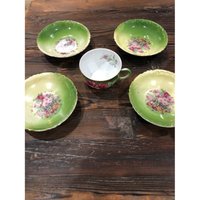 Vintage Victoria Austria Blumen Rosen Teetasse & 4 Schalen Lot Grün Rosa von 3LovesFinds