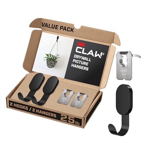 3M CLAW(TM 11,3 kg 2 schwarze Trockenbauhaken & 2 Bilderaufhänger, schwere Aufhängelösung für Rucksäcke, Jacken, Bilder und Wohnkultur, 4 Stück von 3M CLAW