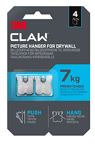 3M Claw Wandhaken zum Aufhängen von Gipskartonplatten zum Aufhängen von Wohnkultur, 4 Aufhänger, hält bis zu 7 kg, ideal für schwere Gegenstände von 3M CLAW