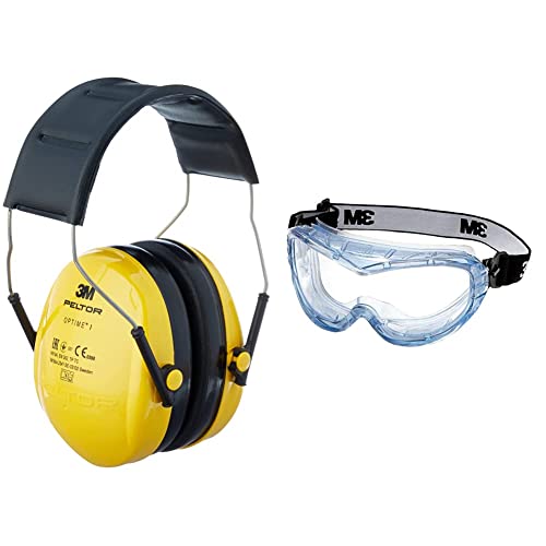 3M Peltor Optime I Ohrenschützer H510A, leichter Gehörschutz mit weichen Kissen, gelb, 1er Pack & 3M Vollsichtschutzbrille Fahrenheit FheitAF – Schutzbrille mit AS, AF & UV Beschichtung von 3M Peltor