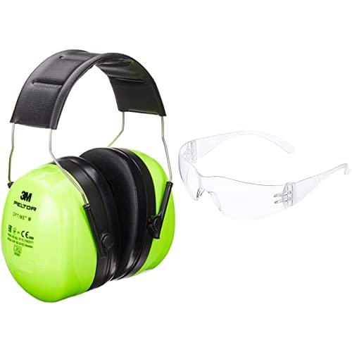 3M Peltor Optime III Kapselgehörschutz, Kopfbügel, Hi-Viz, SNR 35 dB, hohe Sichtbarkeit, 1 Stück, grün & 3M Virtua Schutzbrille, Antikratz-Beschichtung, transparente Scheibe,UV,Augenschutz, 26g Leicht von 3M Peltor