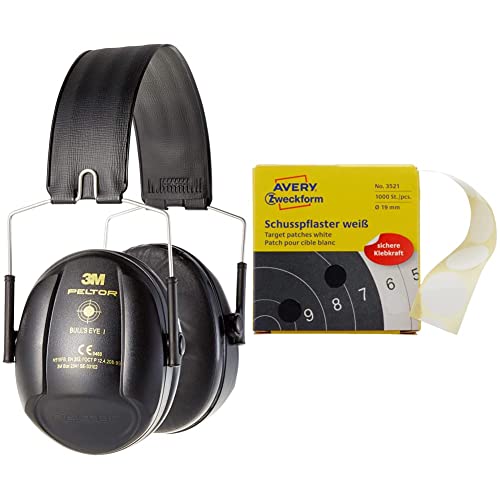 Peltor Bulls Eye I Hearing Protector Black & AVERY Zweckform 3521 Schusspflaster 1.000 Stück (Ø19mm, Zielscheibe, Schießsport, Schützensport, Schützenverein, Schützenscheibe, runde Aufkleber) weiß von 3M Peltor