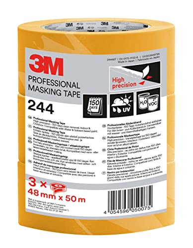 3M Super Malerabdeckband 244, Promo-Pack mit 3 Rollen, 48 mm x 50 m - UV-beständig, Innen und Außen von 3M Pro