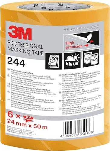 3M Super Malerabdeckband 244, Promo-Pack mit 6 Rollen, 24 mm x 50 m - UV-beständig, Innen und Außen von 3M Pro